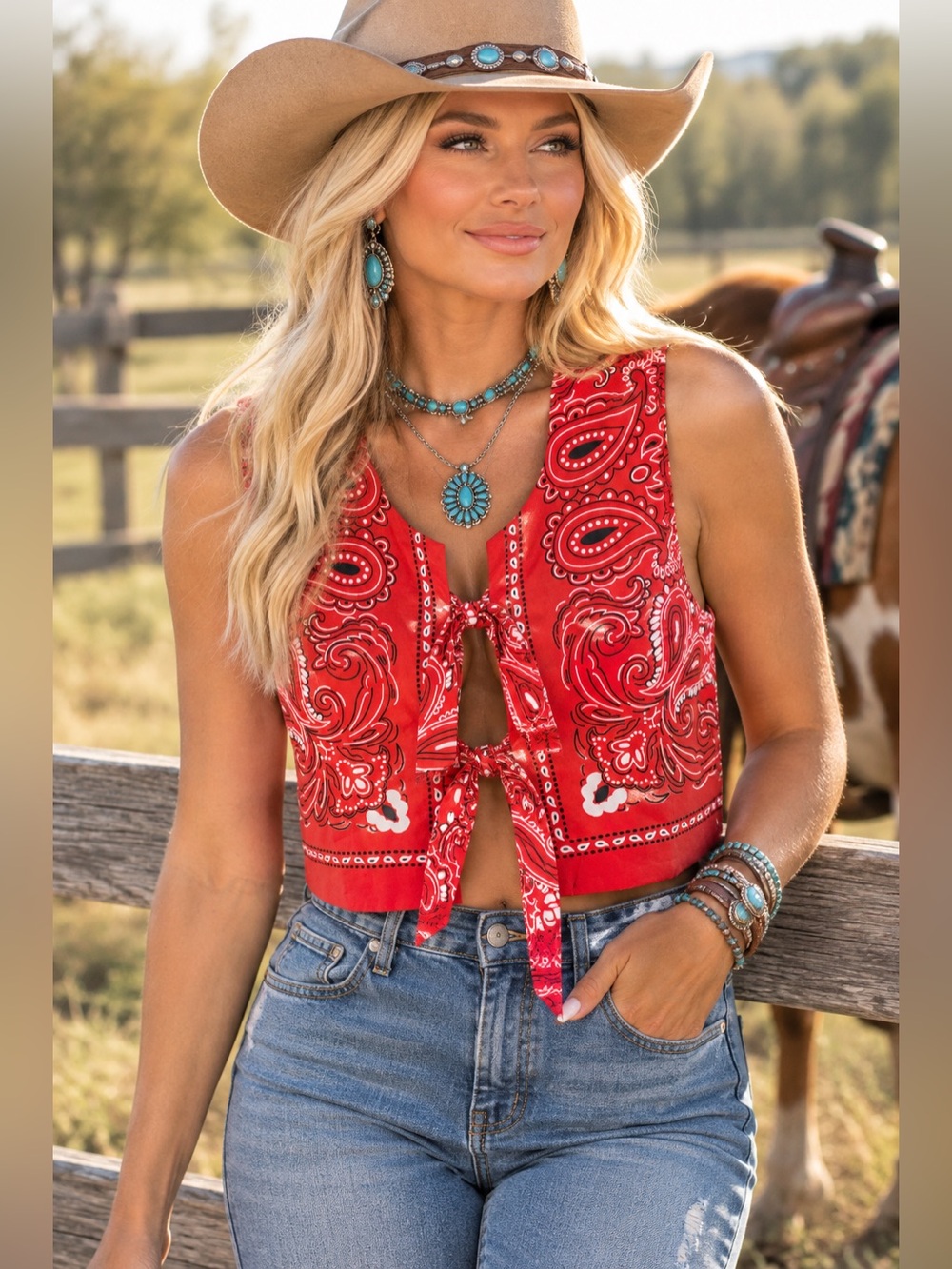 NWOT Red Paisley Western Tie-Front Vest — Size Small